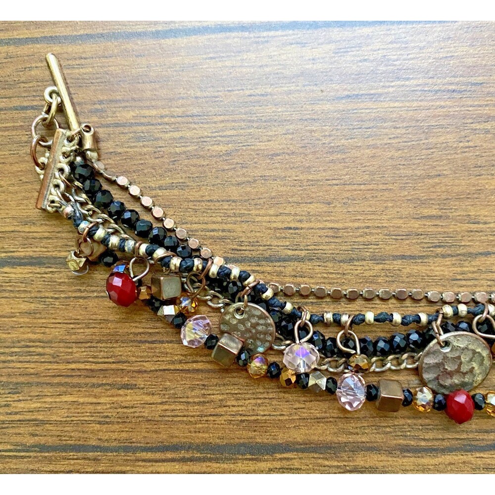 LOFT Charm Bracelet Multi Strand Mixed Medium Gold Tone 7 Inch Boho Gypsy